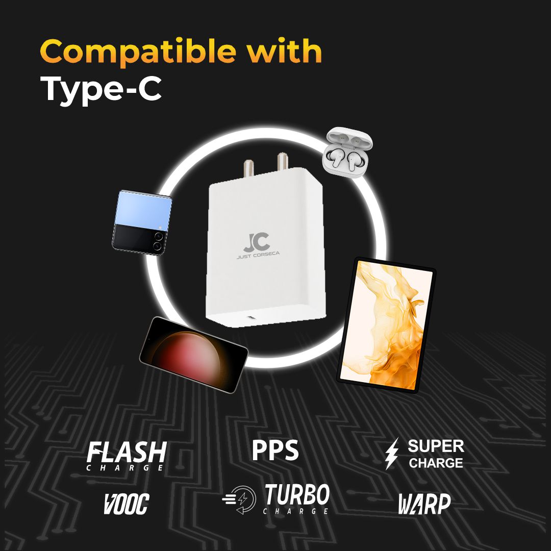 JUST CORSECA JST974 SSPEED PD120W Travel Charger | 120W Super Fast Charging with USB-C to USB-C Cable | Multi-Protocol Support (Flash 120W, Super VOOC, QC 3.0, PD/PPS) | Over-Heat & Over-Charge Protection